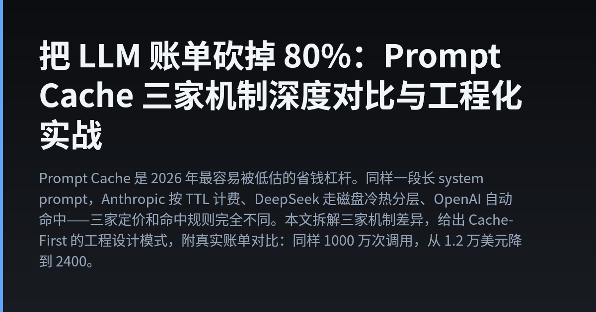 把 LLM 账单砍掉 80%：Prompt Cache 三家机制深度对比与工程化实战 — Walter's Tech Blog